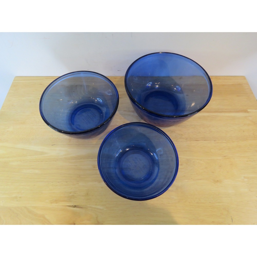 Vintage Set of 3 Anchor Hocking Ovenware Glassware Mixing Bowl Cobalt Blue
